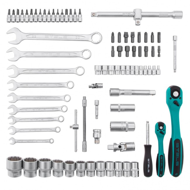 Набор инструментов 1/2", 1/4" 12 гранные головки 82 предмета Stels Набор инструментов 1/2", 1/4" 12 гранные головки 82 предмета Stels