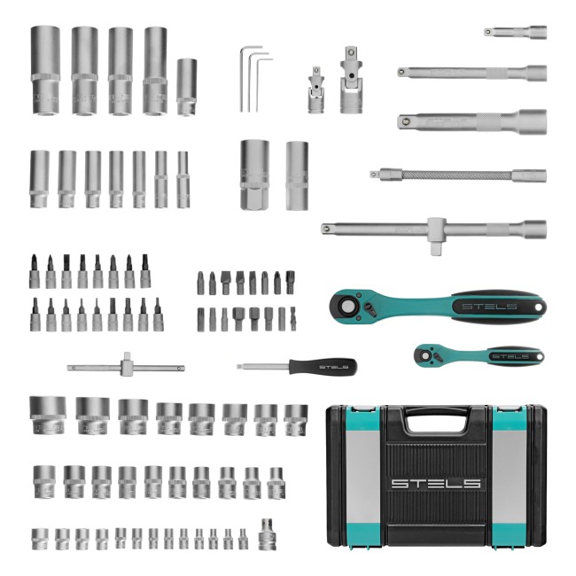 Набор инструментов 1/2", 1/4", CrV 12 гранные головки 94 предмета Stels