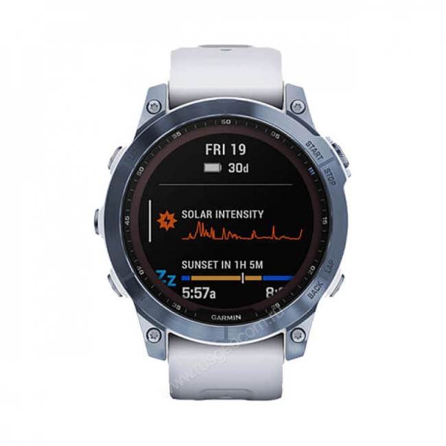 Часы Garmin Fenix 7 Sapphire Solar титановый синий минерал DLC с белым ремешком