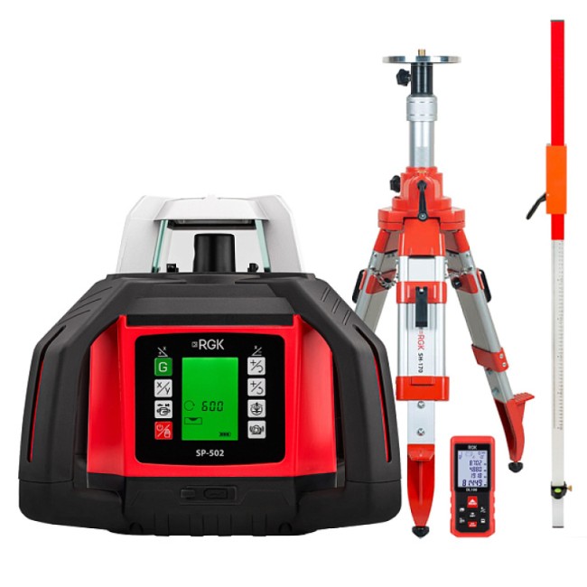 Комплект: ротационный нивелир RGK SP-502 + элевационный штатив RGK SH-170 + рейка RGK LR-2 + дальномер RGK DL100 Комплект: ротационный нивелир RGK SP-502 + элевационный штатив RGK SH-170 + рейка RGK LR-2 + дальномер RGK DL100