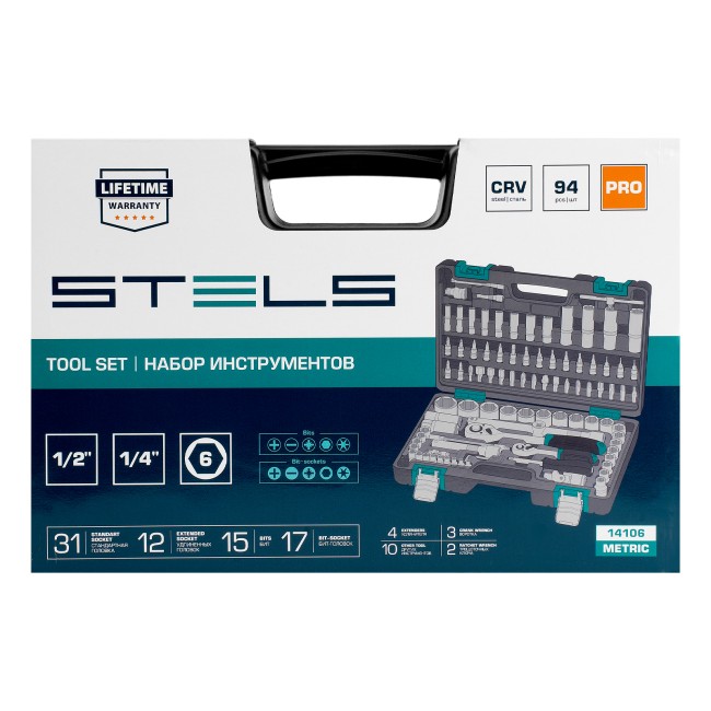 Набор инструментов 1/2", 1/4", CrV 94 предмета Stels Набор инструментов 1/2", 1/4", CrV 94 предмета Stels